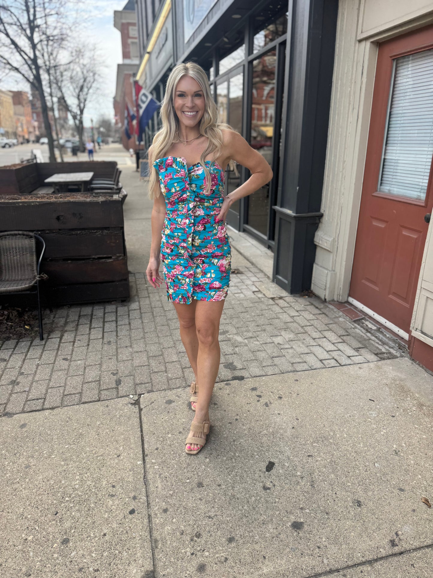 Ruched Turquoise Mini Dress