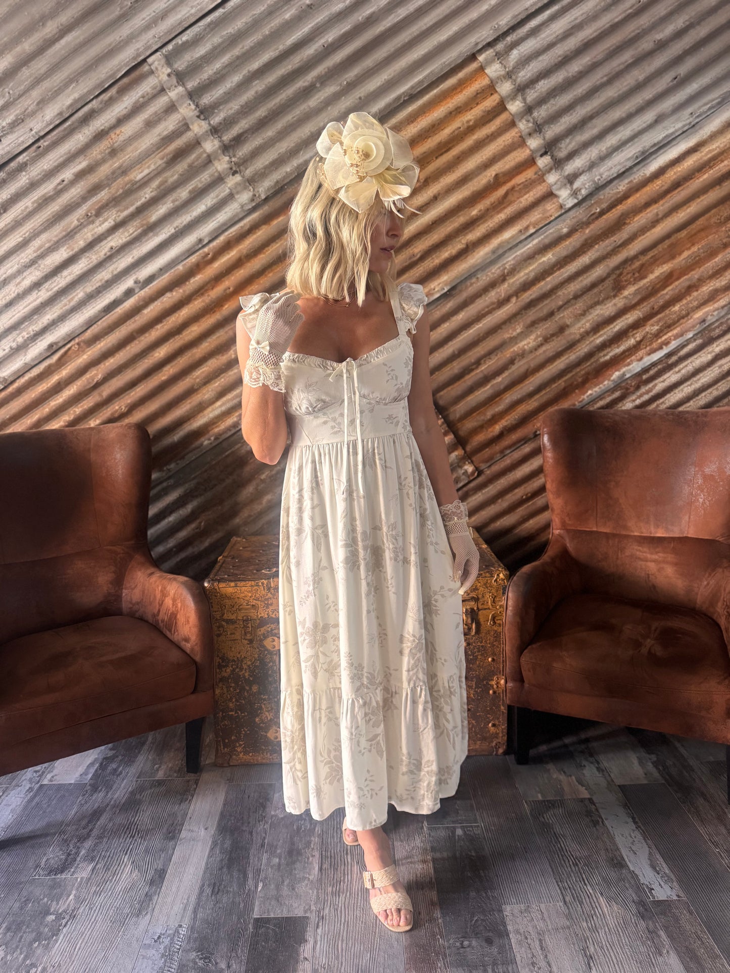 Natural Floral Ruffled Dress