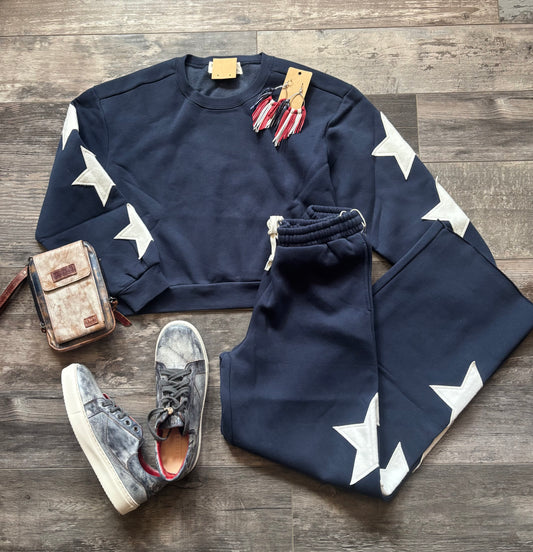 Navy Star Wide Leg Terry